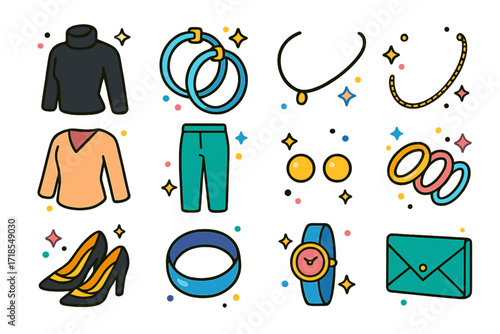 Stylish Jewelry Icons. Colorful isometric vector icons set of jewelry with minimalist outfits: black turtleneck, silver hoop earrings, sleek clutch, delicate