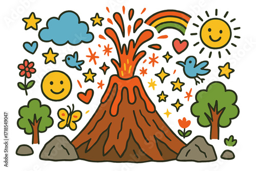 Cheerful Volcano Doodle. Colorful Hand-drawn doodle Children illustration Massive Volcano [volcano, lava, mountain, cloud, rainbow, star, heart, spark, smiling
