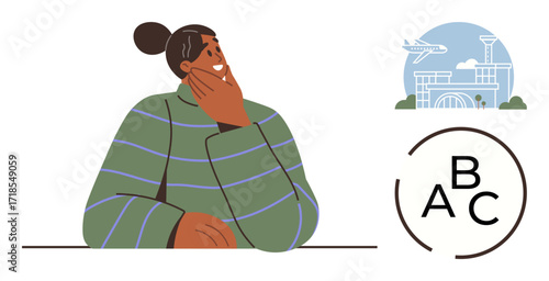 Woman resting chin on hand, considering travel plans with airplane and airport illustration. ABC letters arranged in circle suggesting decision-making. Ideal for travel, choices, dreams, planning