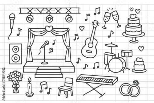 Wedding Stage Doodle. Hand-drawn doodle illustration Wedding stage setup microphone, speakers, guitar, drum set, keyboard, lights, bouquet, champagne glasses,