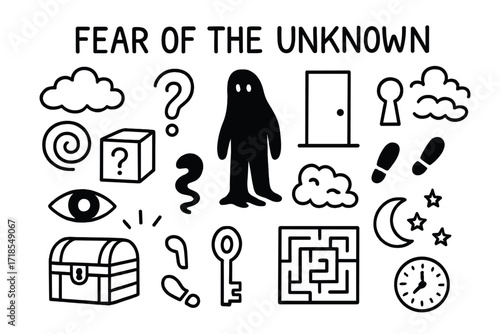 Mystery Doodle Icons. Hand-drawn doodle illustration Fear of the unknown [mystery box, question mark, shadow figure, spiral, cloud, fog icon, hidden door,