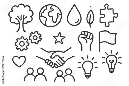 Sustainability Icons. Hand-drawn doodle illustration sustainability and social change tree, globe, water droplet, leaf, gears, puzzle piece, star, handshake,