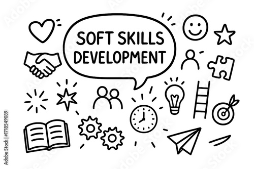 Soft Skills Icons. Hand-drawn doodle illustration Soft skills development speech bubble, handshake, heart, smiling face, puzzle piece, star, people icons,