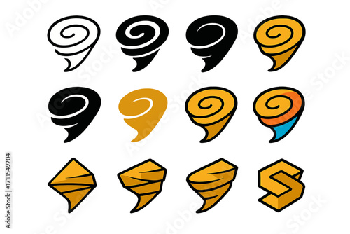 Desert Dunes Logos. Set Logo of Desert Dunes: Sandstorm swirl. Logo set in vector style, emblematic variations. line, bold thick line, solid black filled,