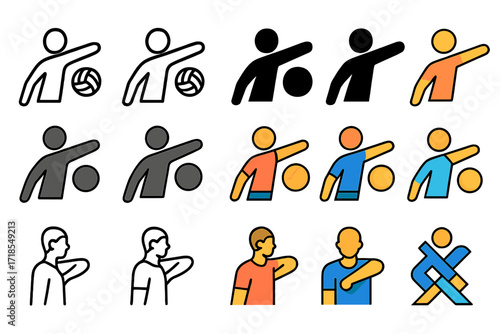 Volleyball Warm-Up Logos. Set Logo of Athletes Warming Up: Volleyball player arm swings. Logo set in vector style, emblematic variations. line, bold thick
