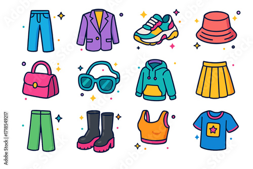 Colorful Fashion Icons. Colorful isometric vector icons set of global fashion trends: high-waisted jeans, oversized blazer, chunky sneakers, bucket hat, mini