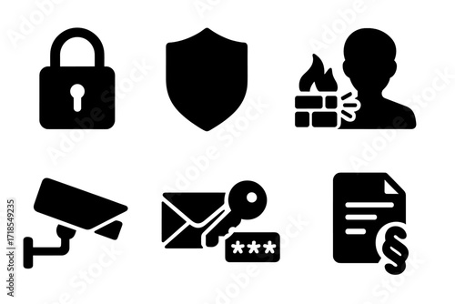 Blackmail Prevention Icons. Solid, filled icon set of blackmail prevention: lock, shield, firewall, whistleblower, security camera, encrypted email, password