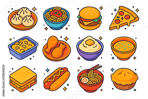 Comfort Food Icons. Comfort Food. Colorful isometric vector icons set of Comfort Food: dumplings, pasta bowl, burger, pizza, mac and cheese, fried chicken,