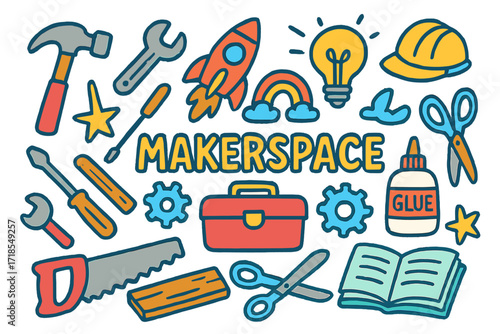 Children's Makerspace Fun. Colorful Hand-drawn doodle Children illustration Makerspace Fun [hammer, wrench, screwdriver, wood plank, gear, toolbox, saw, glue,
