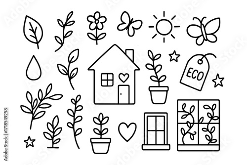 Biophilic Home Doodles. Hand-drawn doodle illustration Biophilic home interiors [leaf, vine, flower, sprout, butterfly, house, window, droplet, sun, pot,