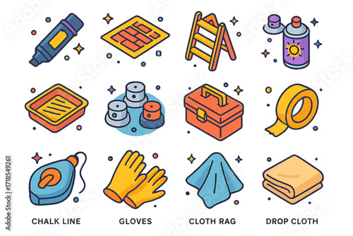 Street Art Tools Icons. Colorful isometric vector icons set of street art tools and gear: graffiti marker, stencil sheet, ladder, UV-resistant spray, paint