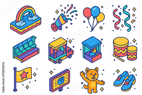 Festive Parade Icons. Colorful isometric vector icons set of festive parade elements: parade float, confetti cannon, balloon cluster, streamers, grandstand