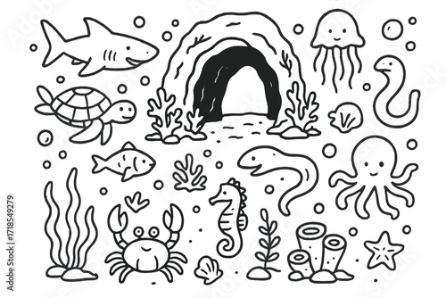 Marine Life Doodle. Hand-drawn doodle illustration marine life in caves coral, fish, turtle, shark, jellyfish, octopus, eel, crab, seahorse, seaweed, starfish,