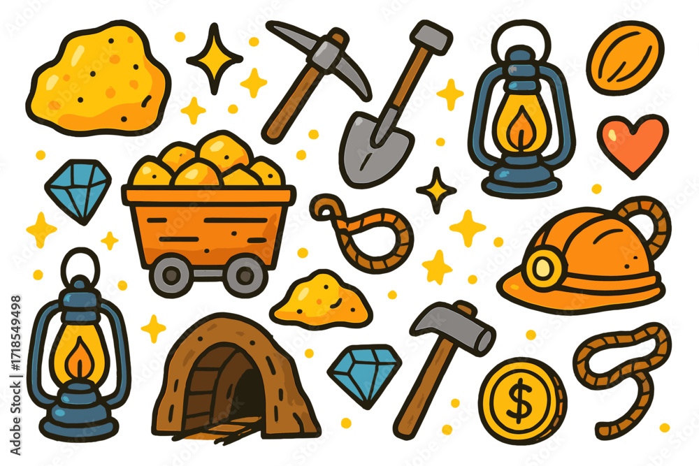 Obraz premium Colorful Gold Mine Icons. Gold mine. Colorful Hand-drawn doodle Children illustration gold nugget, cart, pickaxe, shovel, lantern, helmet, star, heart,