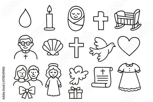 Baptism Symbols Doodle. Hand-drawn doodle illustration baptism and naming rituals water drop, candle, baby, cradle, priest figure, shell, cross, certificate,