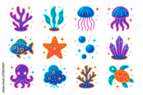 Neon Underwater Icons. Colorful isometric vector icons set of neon underwater nature: glowing coral, luminous seaweed, neon jellyfish, radiant shell, light-up