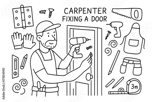 Carpenter's Toolbox Doodle. Hand-drawn doodle illustration Carpenter fixing a door carpenter icon, door, hinge, drill, screw, hammer, saw, wood shavings,