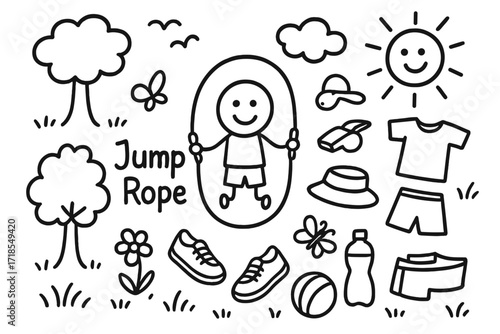 Jump Rope Adventure. Hand-drawn doodle illustration Outdoor jump rope fun jump rope, tree, sun, cloud, flower, sneakers, butterfly, grass, ball, water bottle,