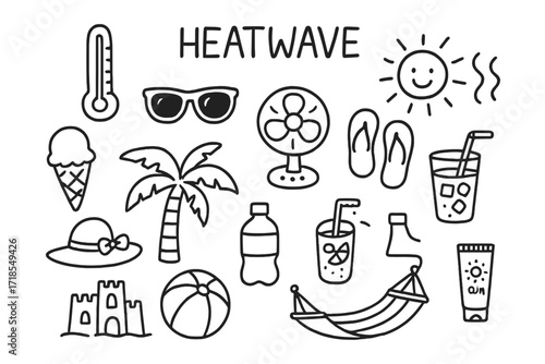 Summer Heatwave Doodles. Hand-drawn doodle illustration [Heatwave summer fun] [sun, thermometer, wavy heat lines, ice cream, sunglasses, fan, flip-flops, sun