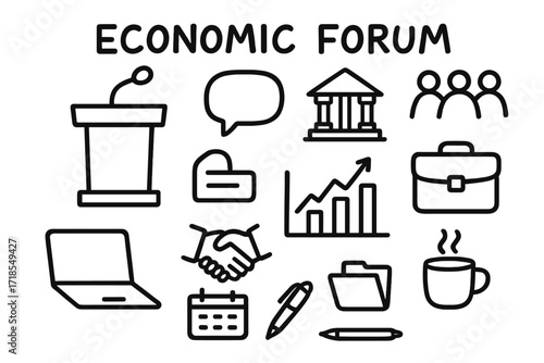 Economic Forum Icons. Hand-drawn doodle illustration Economic forum podium, microphone, speech bubble, bank building, chart, arrow, briefcase,