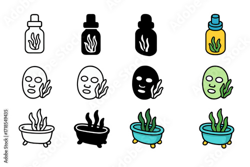 Seaweed Cosmetics Icons. Icon Set of Seaweed in Cosmetics: Seaweed extract bottle, Algae face mask, Spa tub with kelp. Icons set in vector style, emblematic