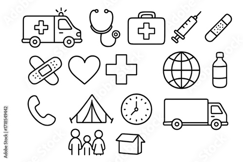 Emergency Aid Icons. Hand-drawn doodle illustration First aid and rescue ambulance, stethoscope, medical kit, syringe, bandage, heart, Red Cross symbol, globe,