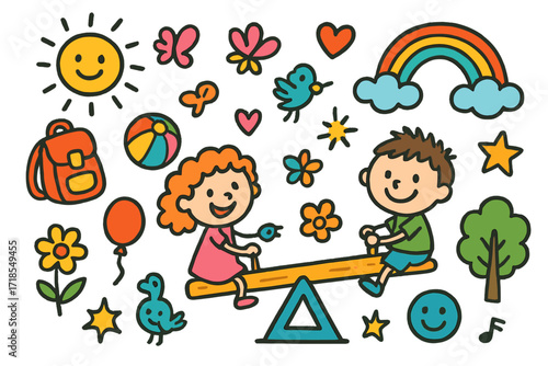Seesaw Doodle Adventure. Colorful Hand-drawn doodle Children illustration Seesaw Adventure [seesaw, backpack, ball, butterfly, flower, bird, heart, star,