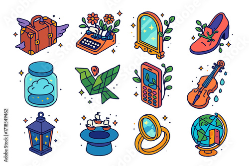 Magical Realism Icons. Colorful isometric vector icons set of magical realism objects: flying suitcase, typewriter with blooming plants, glowing mirror frame,