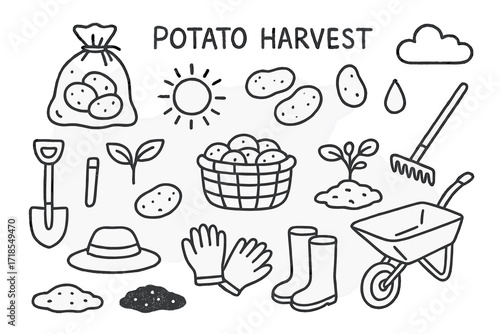 Potato Harvest Doodle. Hand-drawn doodle illustration Potato harvest [potato, sack of potatoes, shovel, basket, sprout, farmer hat, gloves, soil patch,