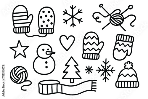 Winter Mittens Doodle. Hand-drawn doodle illustration Winter mittens [pair of mittens, snowflake, wool thread, knitting needles, star, heart, striped mitten,