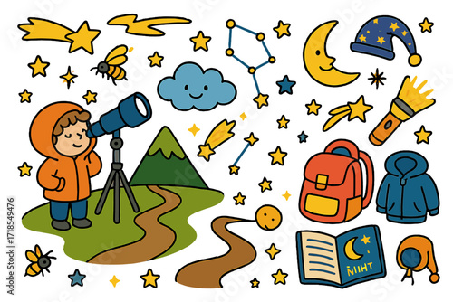 Kids' Stargazing Adventure. Colorful Hand-drawn doodle Children illustration Sky watching adventure telescope, mountain, comet, constellation lines, stars,