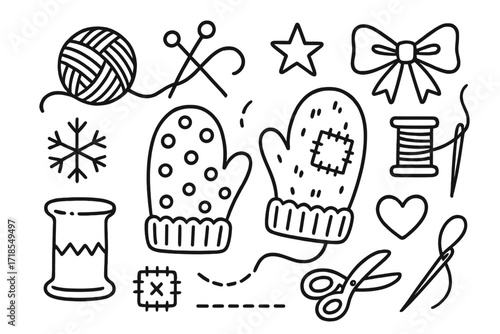Handmade Mitten Doodle. Hand-drawn doodle illustration Handmade mitten crafts [mittens, yarn ball, knitting needles, spool, scissors, thread, heart, snowflake,