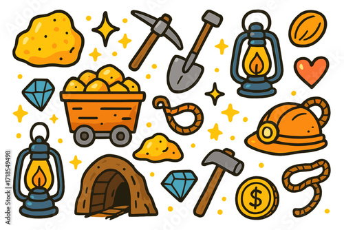 Colorful Gold Mine Icons. Gold mine. Colorful Hand-drawn doodle Children illustration gold nugget, cart, pickaxe, shovel, lantern, helmet, star, heart,