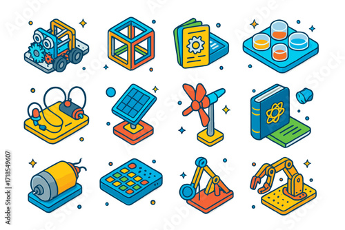 Colorful STEM Icons. Colorful isometric vector icons set of educational STEM modeling kits: gear-based robot, magnetic blocks, instruction cards, experiment
