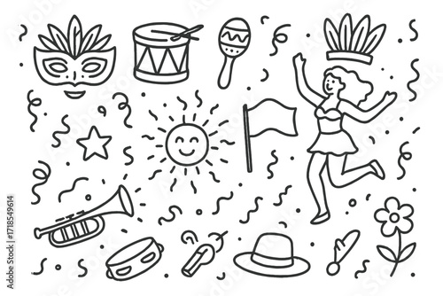 Festival Parade Doodle. Hand-drawn doodle illustration Cultural festival parade mask, drum, maraca, dancer, feather crown, trumpet, flag, sun, star, ribbon,