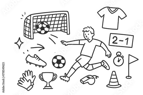 Soccer Goal Doodle. Hand-drawn doodle illustration Scoring a Goal [soccer net, soccer ball inside net, player kicking, cleats, gloves, jersey, star, sparkle,