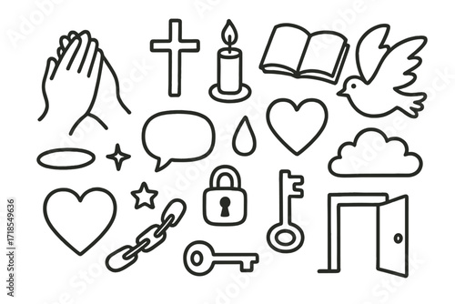 Religious Symbols Doodle. Hand-drawn doodle illustration Religious confession praying hands, cross, candle, book, dove, heart, cloud, tear drop, speech bubble,