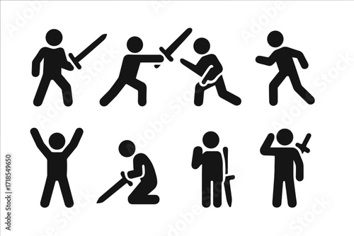 Duel Pose Icons. Solid, filled icon set of duel poses: ready stance, attack, defense, retreat, victory pose, defeat pose, salute, draw weapon. Solid, filled