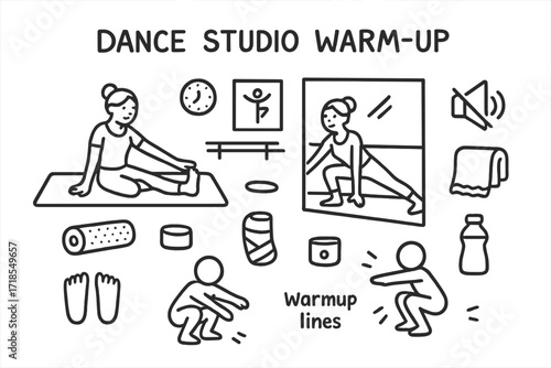 Dance Warm-Up Doodles. Hand-drawn doodle illustration [Dance studio warm-up] [yoga mat, stretching dancer, foam roller, bare feet, studio wall, pose icon,