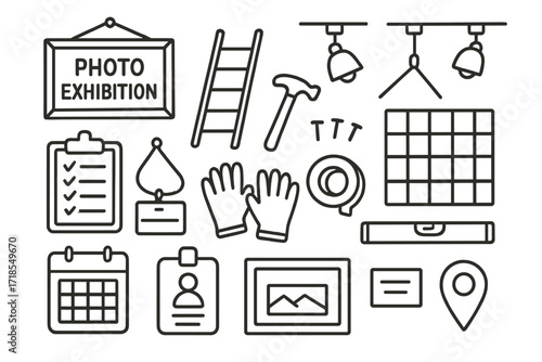 Photo Exhibition Setup Icons. Hand-drawn doodle illustration setting up a photo exhibition photo frame, ladder, hammer, nails, gallery lights, hanging wire,