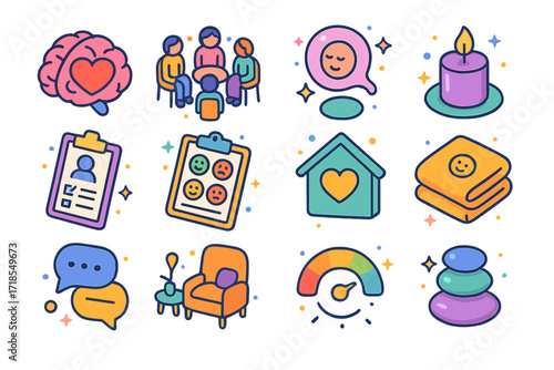 Mental Health Icons. Colorful isometric vector icons set of mental health at work: brain with heart, support group circle, mindfulness bubble, stress relief