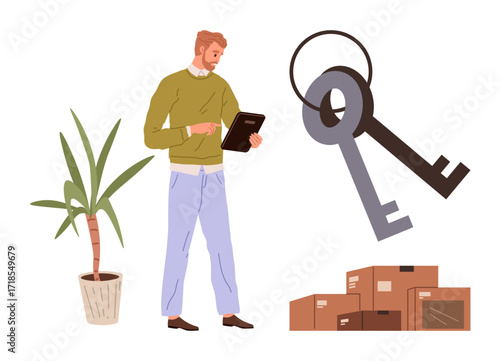 Man holding tablet near plant, oversized keys, and stacked boxes. Ideal for real estate, moving services, property management, logistics, organization homeownership digital tools. Simple flat