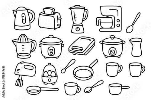 Kitchen Appliance Doodles. Hand-drawn doodle illustration Small kitchen appliances kettle, toaster, blender, coffee maker, juicer, rice cooker, sandwich maker,