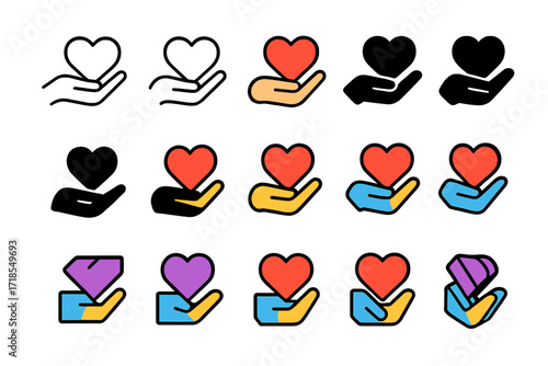 Respect in Love Logos. Set Logo of Respect in Love: Holding Heart Gently. Logo set in vector style, emblematic variations. line, bold thick line, solid black