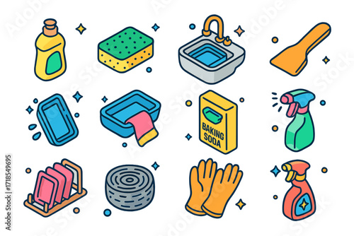 Cleaning Icon Set. Colorful isometric vector icons set of Tray Cleaning & Care: dish soap bottle, scrubbing sponge, tray soaking in sink, silicone scraper,