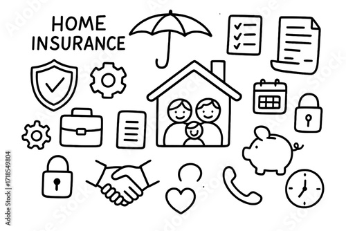 Home Insurance Icons. Hand-drawn doodle illustration Home insurance family house, shield, umbrella, checklist, dollar sign, gear, briefcase,