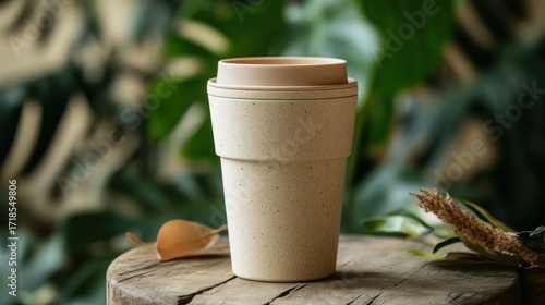 Eco friendly reusable coffee cup on a wooden surface with blurred green foliage providing a
