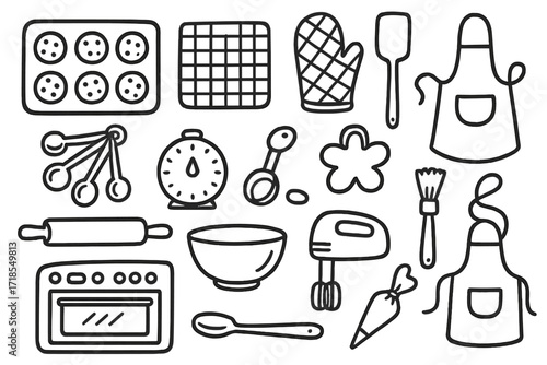 Cookie Baking Tools. Hand-drawn doodle illustration Cookie baking tools [baking sheet, cooling rack, oven mitt, spatula, measuring spoons, timer, dough scoop,