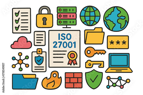 IT Security Doodles. Colorful Hand-drawn doodle Children illustration ISO certificate, padlock, server rack, checklist, document, globe, file folder, password,
