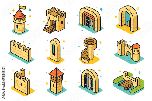 Historic Castle Icons. Colorful isometric vector icons set of Historic castle architecture: stone tower, drawbridge, portcullis, arched gate, crenelated wall,
